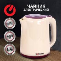 Картинка Чайник электрический, 1,7л, 2200Вт, закрытый нагревательный элемент, пластик, бежевый/красный, SONNEN KT-002 с сайта smikon.ru